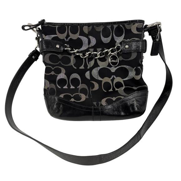 Coach Crossbody Bag Black Silver Optic Metallic Signature  Canvas Leather Chain - Picture 1 of 9